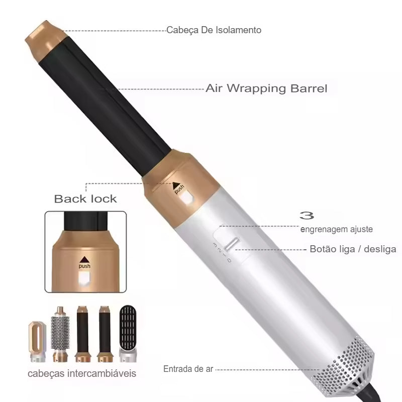 Kit 5 em 1 Secador Modelador Escova de Cabelo Alisadora Elétrica Pente Removível. Tensão : 110v